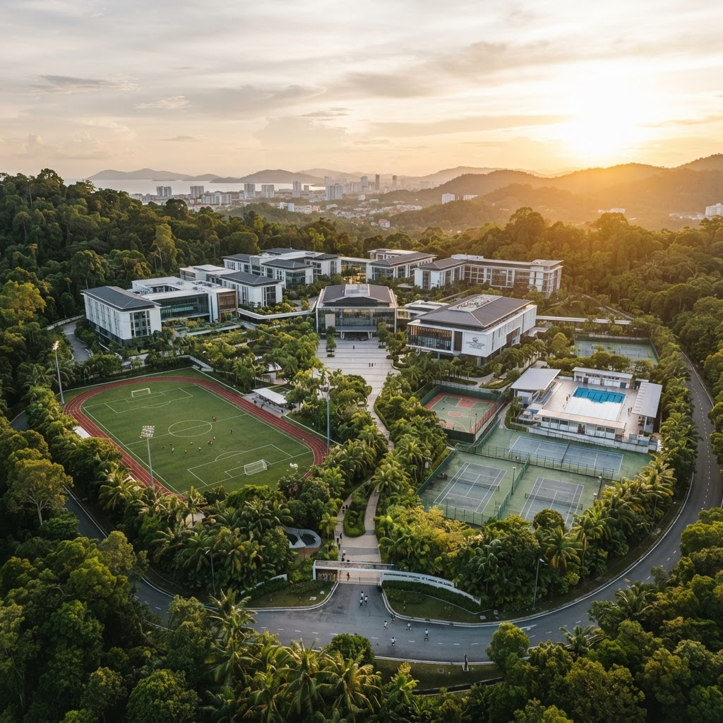 Aerial view of the Rafflesia International School campus at golden hour